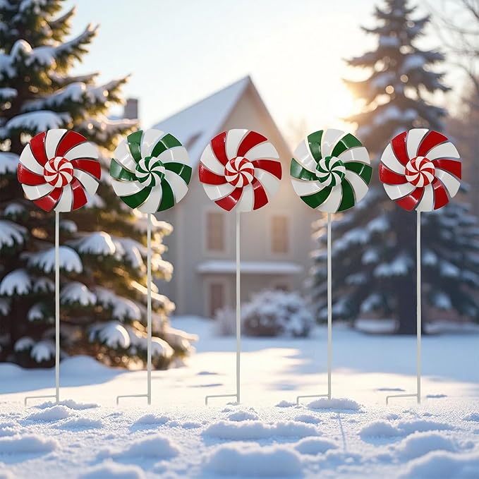 5pcs Wind Spinners Metal Colorful Flowers Garden Stake, Christmas Lollipop Pinwheels, 27" Metal Windmill Yard Art Lawn Ornaments Outside Decorations, Christmas Outdoor Decorations Gift