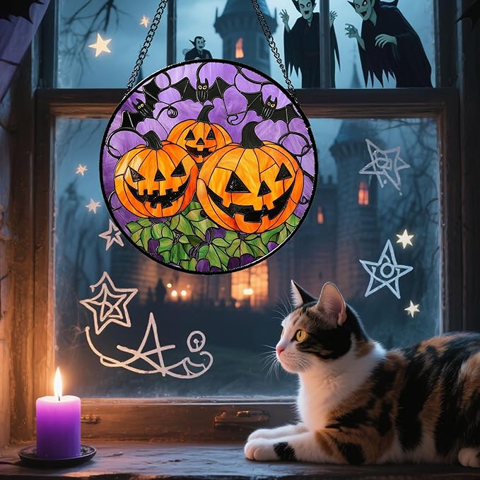 Stained Glass Window Hanging Halloween Scary 3 Bat and Pumpkin Monsters Large 15" - Suncatcher Door Garden Sun Catcher Gothic Home Decor Birthday Horror Gifts for Mom Men Woman Friend