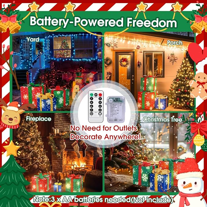 Christmas Lighted Gift Boxes, Set of 3 Light Up Boxes Set, Holiday Decorations, Battery Operated 8 Light Modes for Holiday Indoor Outdoor Christmas Tree, Yard, Home Decor