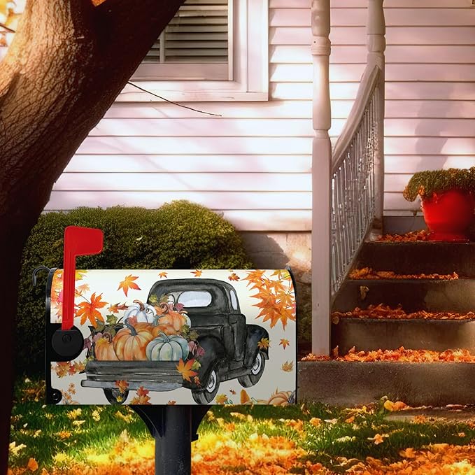 Fall Harvest Mailbox Covers Magnetic Large Size Thansgiving Pumpkin Mailbox Post Cover Maple Leaves Truck Waterproof Mailbox Wraps Mail Cover for Garden Yard Oversized 25.5 X 21 Inch