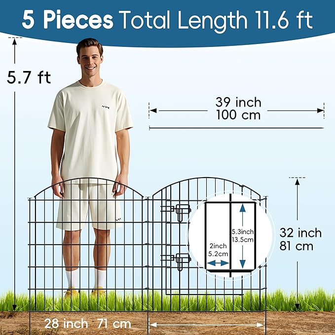 Metal Garden Fence 32 in H x 28 in W 5 Panels (4 Panels + 1 Gate) Total Length 11.6 ft, No Need Dig Rustproof Animal Barrier Fencing Border Fence for Dog, Patio,Yard, Landscape, Flower Bed