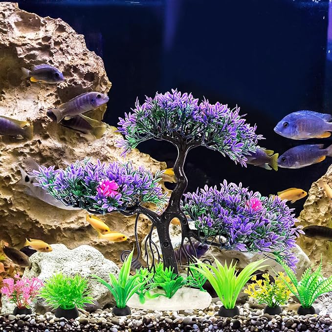 Fish Tank Aquarium Decorations Artificial Plastic Plants Bonsai Tree with Small Aquarium Decorations Kit (Purple 2)