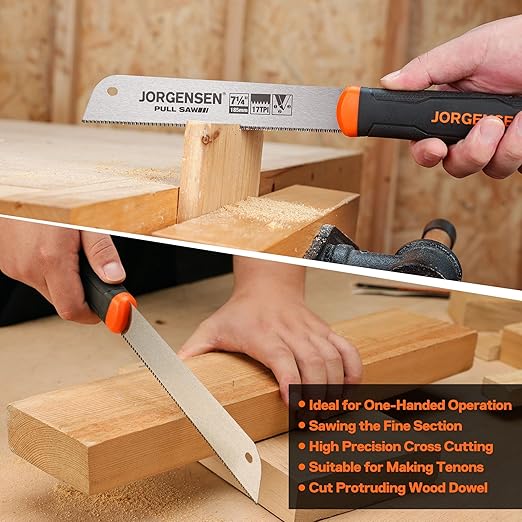 JORGENSEN Japanese Pull Saw, 7.25" Hand Saw Single Edge, 17-TPI SK5 Flexible Blade Handsaws, Flush Cut Saw with Soft Grip Handle for Fine Woodworking & Fast, Precise Cuts