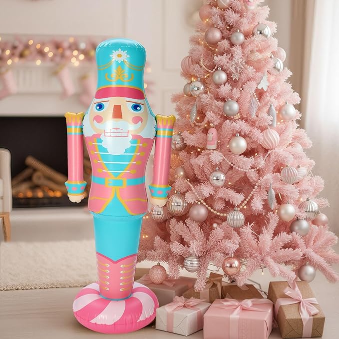 Jenaai 1 Pcs 5 ft Pink Inflatable Christmas Nutcracker Outdoor Decoration, PVC Christmas Blow up Yard Decor, Weatherproof Giant Nutcracker Decor for Xmas Door Lawn Garden Holiday Party (Bright)