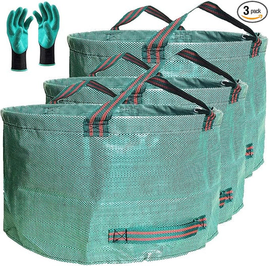Professional 3-Pack 63 Gallon Lawn Garden Bags Large (D31,H19 inch) Yard Waste Bags w/Gardening Gloves, Standable Big Leaf Bag,Yard Debris,Lawn Trash Container,Grass Clippings Bags,Weeds Bag 4 Handles