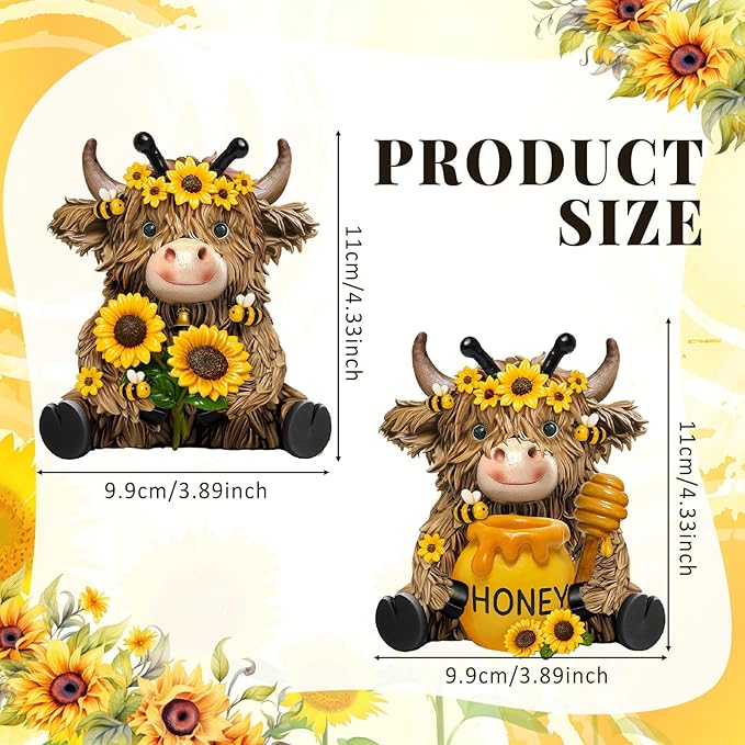 2 Pack Bee Highland Cow Resin Figurine Summer Bee Bathroom Highland Cow Gnomes with Sunflower Starfish Resin Statue for Garden Table Shelf Home Decor Calf Gnome Herd Gifts