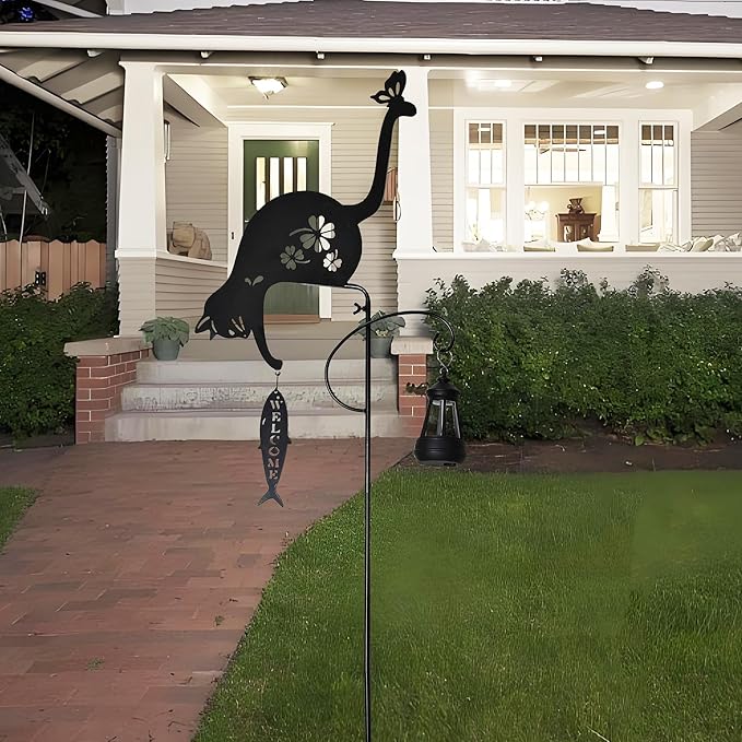 Solar-Powered Black Cat&Fish Garden Decor Stakes - Metal Silhouette Figurine for Outdoor Yard, Lawn, and Patio Decoration(Cat&Fish)
