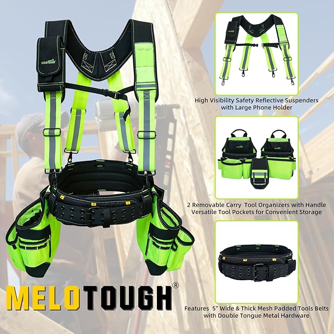 MELOTOUGH Reflective Safety Tool Belt with Suspenders Tool Bag Supenders Framers Comb Apron Construction Tool Pouch Builder Heavy Duty Carpenter Suspension Rig for Electrician, Roofing