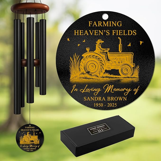 Personalized Farmer Memorial Wind Chime – “Farming Heaven’s Fields” Custom Name & Years – Outdoor Sympathy Gift for Farming Families – Tractor Design Memorial Windchimes for Loss of Loved One
