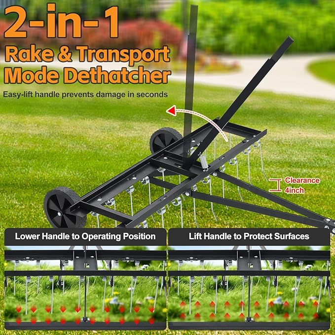 Tow Behind Dethatcher: 40inch Pull Behind Lawn Rake with 20 Spring Steel Tines Heavy Duty Lawn Tractor Attachments for Large Yard Garden Care