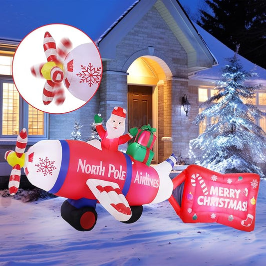 14FT Long Christmas Inflatables Decorations, Outdoor Santa Airplane Decoration, Giant Blow Up with with Built-in LED Lights for Yard Garden Lawn Holiday Decor