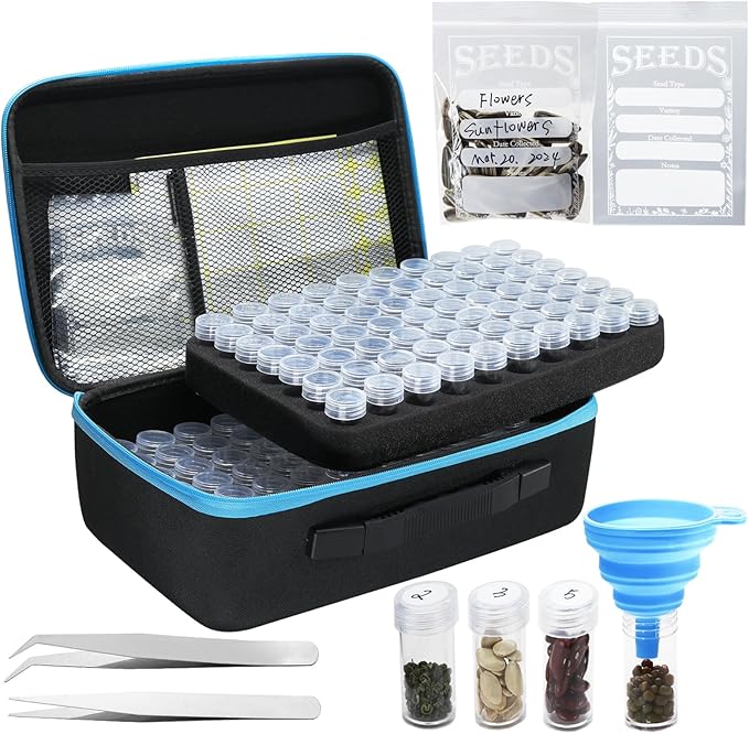 Portable 140 Slots Seed Storage Organizer, Large Capacity with 25 PCS Zipper Envelopes Bag, Label Stickers, Seed Storage Container for Flower Plants Garden (Black)