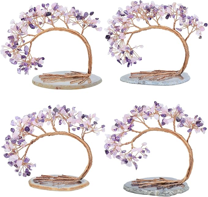 mookaitedecor Natural Amethyst & Rose Quartz Crystal Money Tree Agate Slice Base Feng Shui Bonsai Crystal Tree for Wealth Luck Desk Decor, 4.5-5.2 Inch High