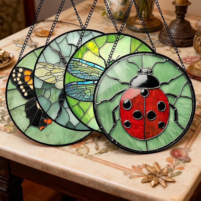 Stained Glass Window Hanging 4 Pcs Set Butterfly Dragonfly Bee Ladybug 7.8" - Suncatcher Door Garden Sun Catcher Decor Birthday Mother's Day for Mom Woman Nana Men