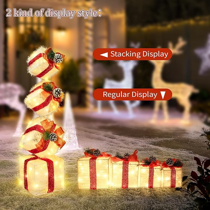 Christmas Lighted Gift Boxes Decorations Set of 4, 2.8Ft Stackable Christmas Nesting Boxes Battery Operated with Timer for Home and Party Decoration