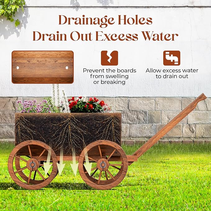 IDZO Wood Wagon Planter for Outdoor Balcony Decor - Garden Rustic Wooden Flower Cart with Wheels for Outside - Garden Decor - Amish Decorative Indoor - Wheelbarrow Planter for Patio
