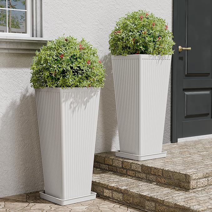 Tapered Tall Planters for Outdoor Plants 2 Pack- 23.6 Inch Square Indoor Flower Pots with Drainage Holes and Partition/Tray Saucers, Large Outdoor Planters for Porch Patio Garden, White