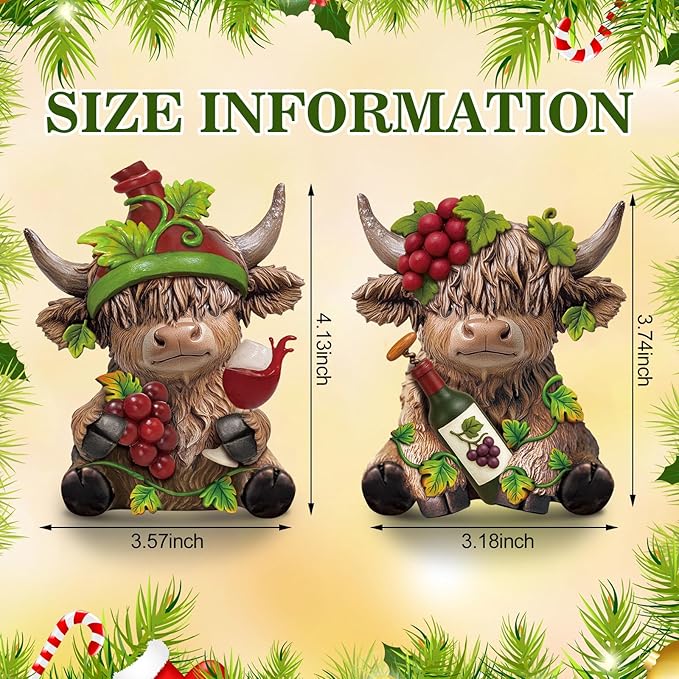 Karenhi 2 Pcs Red Wine Highland Cow Figurines Highland Cow Gnomes Scottish Resin Statue Calf Lovers Gifts for Home Garden Kitchen Office Tiered Tray Table Decor