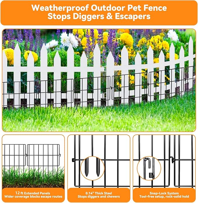 12 Pack Animal Barrier Fence No Dig Garden Defense, 12ft(L) x 13in(H) Rabbit Proof Garden Fencing with 1.2in Gaps, Metal Rabbit Fence, Dog Blocker Under Barriers for Flower Beds & Patio