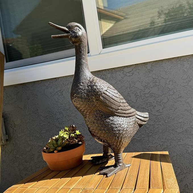 Cast Iron Duck Statue (15.7" Tall) - Heavy Duty Outdoor/Indoor Decor, Rust Brown Garden Art with Lifelike Feather Detailing, Weatherproof Bird Sculpture for Patio, Lawn & Home HC5387