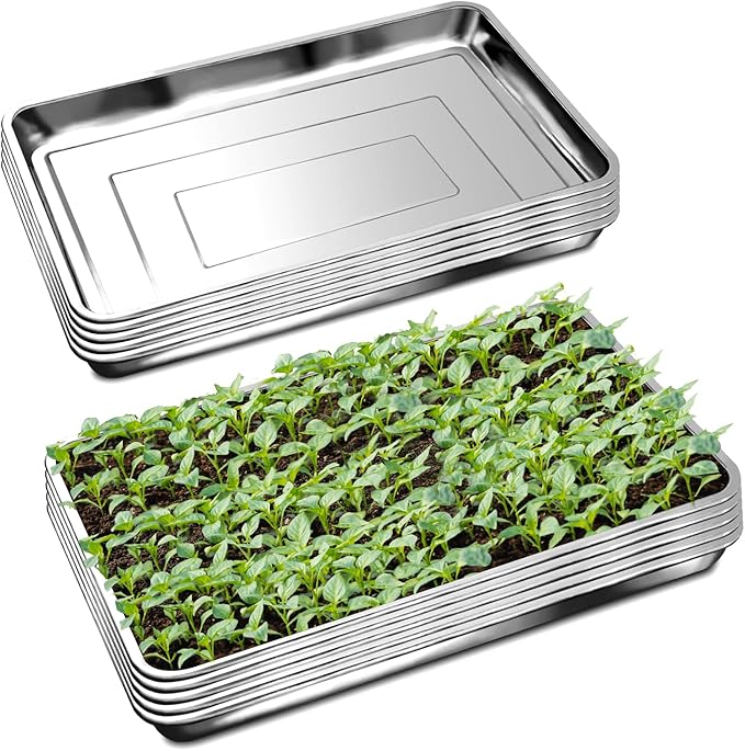10 Pack Large Stainless Steel Seedling Trays, Heavy Duty Metal Water Catch Trays for Nursery Pots Transplant, Seed Germination & Propagation Flats (17.5 inch×13.56 inch, 1.18" Height)
