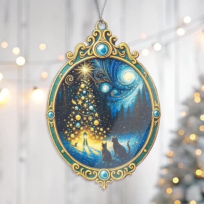 Cat Christmas Ornament – Black Cat Gifts – Starry Night Decor – Holiday Pet Lovers Ornament – Christmas Tree Ornament – Suncatcher Effect Stained Glass Window Hanging – Car Hanging