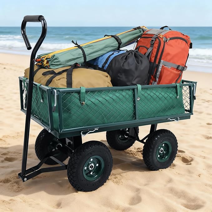 Elevon Utility Wagon Cart, Green | 10" Wheels & Removable Sides for Easy Yard Cleanup, Gardening, and Grocery Shopping