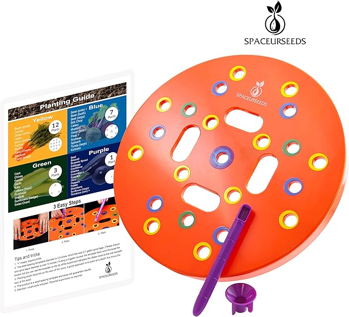 Round Seed Planting Template by Spaceurseeds – Patented Color-Coded Garden Spacing Tool Kit with Seed & Seedling Spacer, Dibber with Seed Spoon & Laminated Vegetable Growing Guide