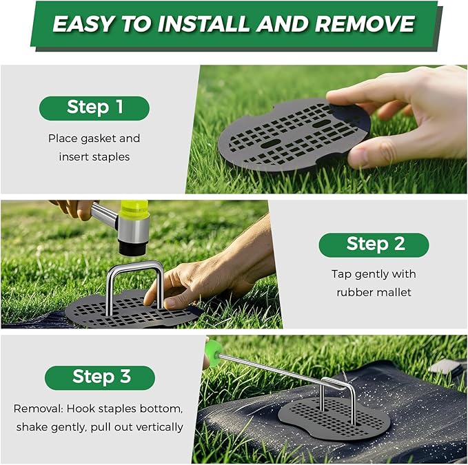 150Pcs Landscape Fabric Pins+150Pcs Gasket+Pick Hook+Rubber Mallet, 6 Inch Landscape Fabric Staples 11 Gauge U Shaped Galvanized Landscape Pins Yard Ground Pin for Weed Barrier Sod Fabric Decoration