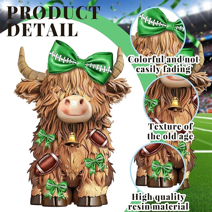 2 Pack Football Highland Cow Resin Figurine Decor Bathroom Highland Cow Gnomes with Football Scarf Resin Statue for Garden Table Shelf Home Decor Calf Gnome Herd Gifts