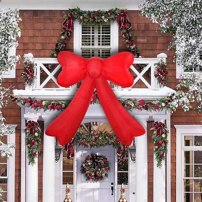 Christmas Inflatables Giant Red Bow Lighted Balcony Terrace Porch Yard Lawn Inflatable Decoration with Built-in Fan and Ropes Holiday Party Decor, Christmas Decor (7FT-Red Bow)