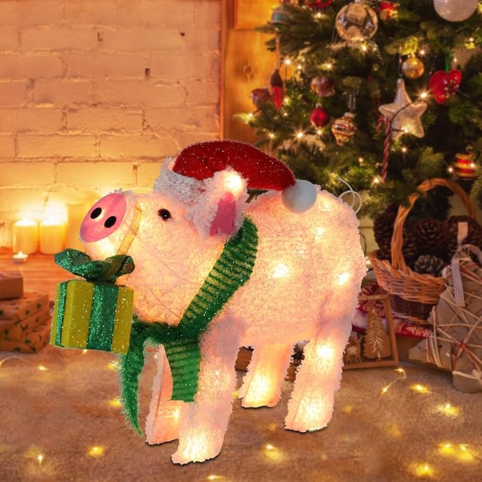 Christmas Lighted Pig Decoration 3D Glittered Fluffy Piggy with Gift Box Battery Operated Lighted Up Ornament Outdoor Indoor Christmas Decoration for Home Lawn Yard Garden Display