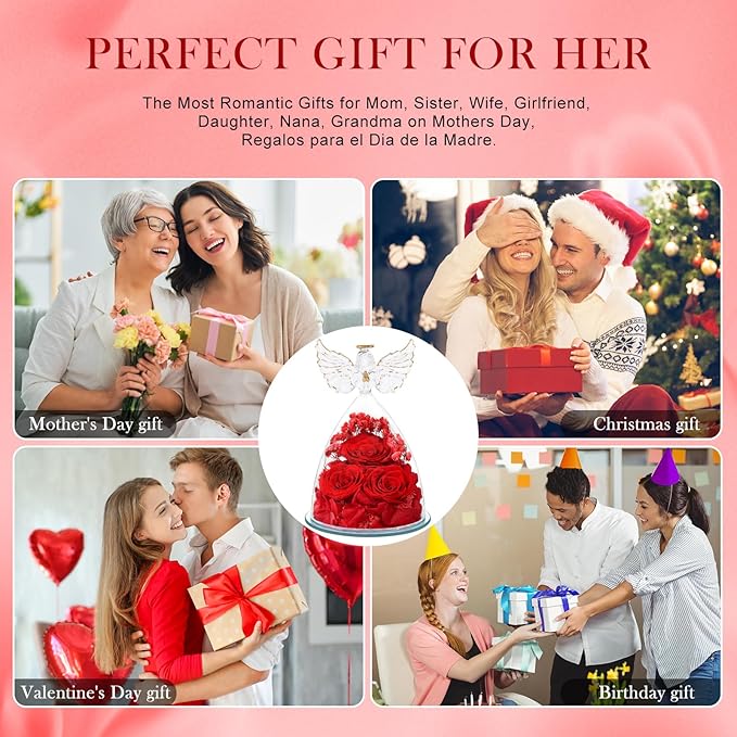 Preserved Flower Rose Gifts for Women, Forever Eternal Fresh Flowers in Glass Angel Figurines Flowers for Delivery Prime Red Roses for Grandma Mom Sister Her Wife on Mothers Day Birthday Christmas