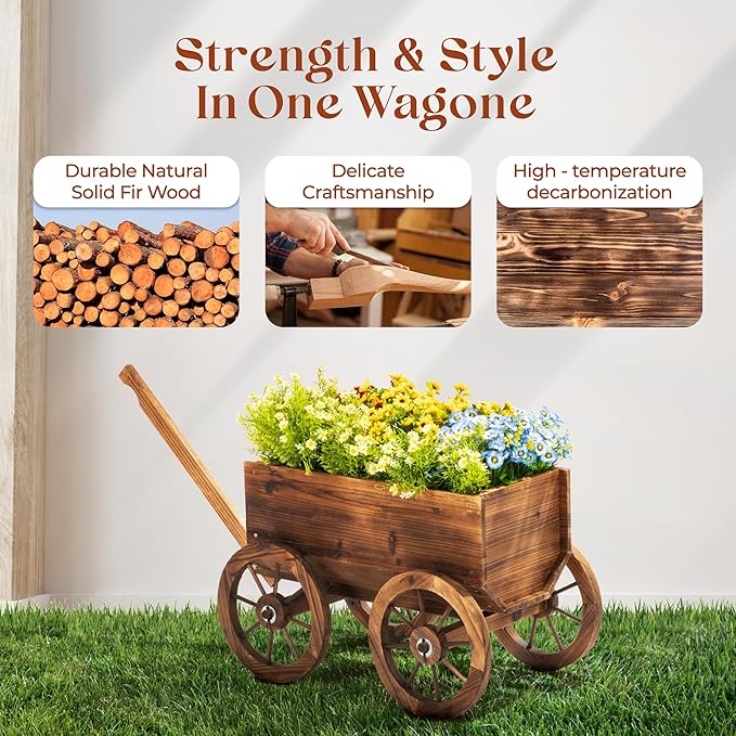 IDZO Wood Wagon Planter for Outdoor Balcony Decor - Garden Rustic Wooden Flower Cart with Wheels for Outside - Garden Decor - Amish Decorative Indoor - Wheelbarrow Planter for Patio