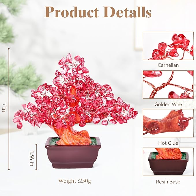 Feng Shui Quartz Crystal Money Tree Bonsai Style Decoration for Luck and Wealth (Red)
