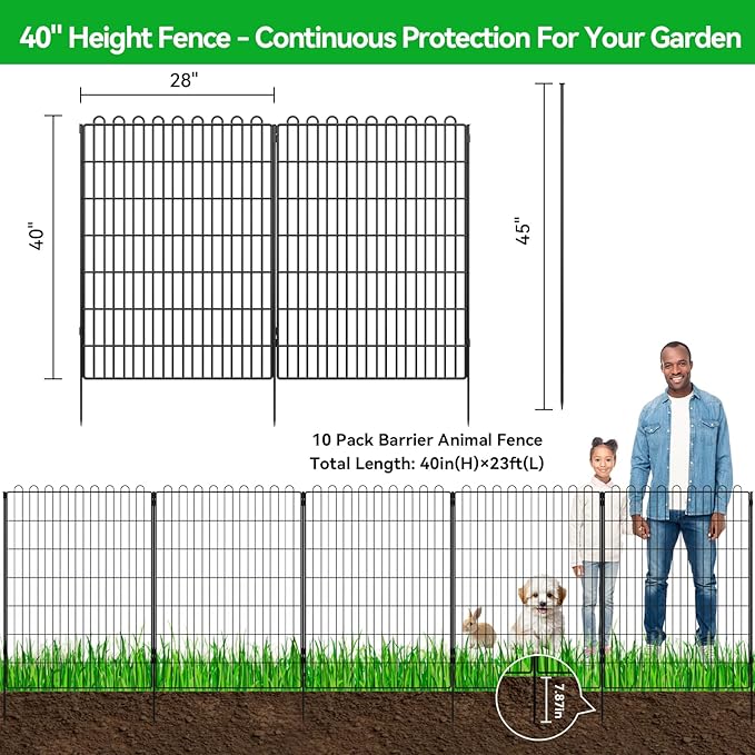 Decorative Garden Fence 10 Panels 23.6 ft(L) X 40 in(H) Animal Barrier for Yard, Patio, Garden Borders, No-Dig Outdoor Fencing with Rustproof Metal Panels, Temporary Ground Stakes for Dogs, Rabbit