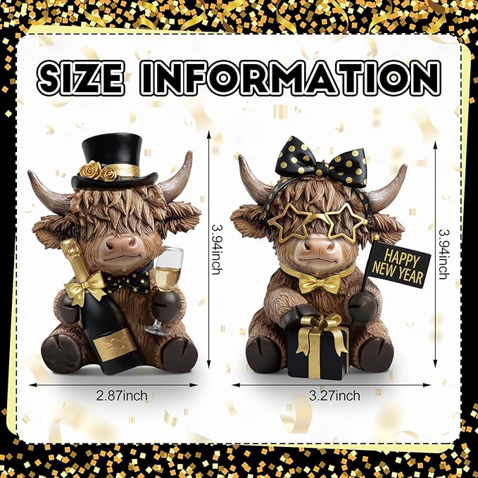 Karenhi 2 Pcs 2025 New Year Highland Cow Figurines, Happy New Year Cow Gnomes with Champagne and Gift Box, Resin Statue Calf Lovers Gifts Cute Yak Home Collectibles for Holiday Decor