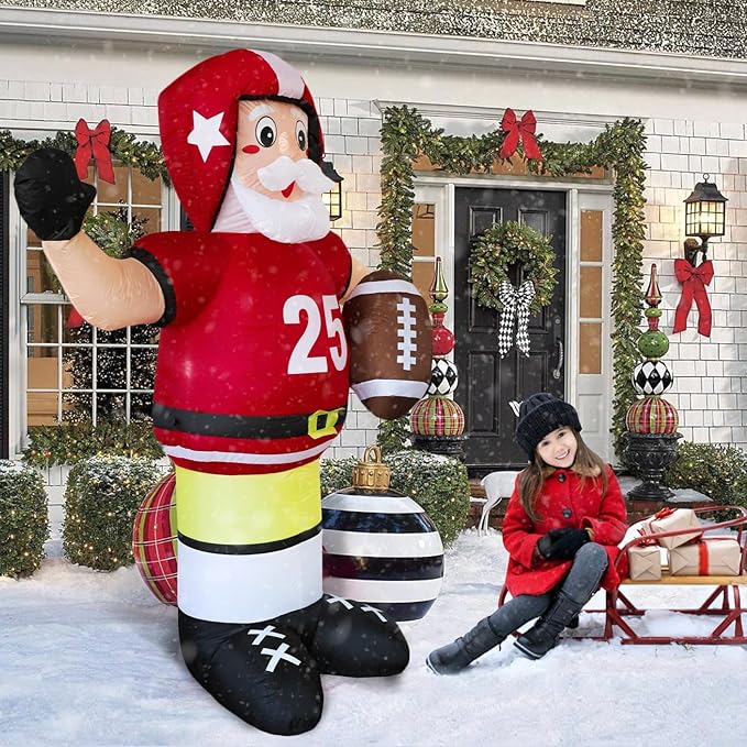 DearSun 8FT H Christmas Inflatable American Football Santa,Football Party Decorations,Blow Up No.25 Rugby Santa Player with Build-in LED Lights, Inflatable Player for Football Party Decor