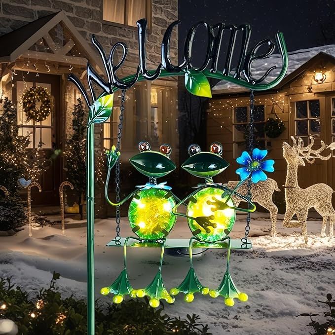 HONGLAND Solar Lights Outdoor Waterproof, Frog Swing Garden Decor, Frog Decorative Stake with Welcome Sign Landscape Patio Yard Gifts for Women Mom (48 inch)
