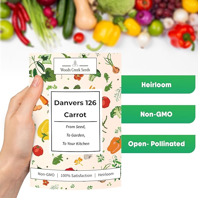 Woods Creek Seeds: Danvers 126 Carrot Seeds for Planting - Over 2,800 Heirloom Carrot Seed Pack - Non-GMO Carrots Seeds for Planting Outdoors or Indoors - Beginner Friendly Vegetable Gardening