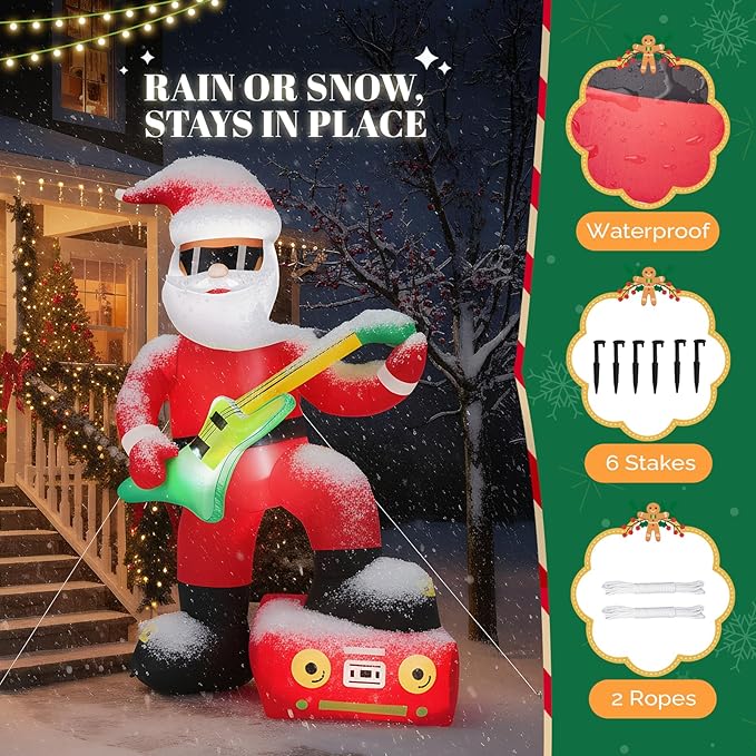 VINGLI 7.5ft Black Musical Santa Inflatable, Christmas Inflatable Santa Claus Playing Guitar, Gaint Blow up Outdoor Decoration with LED Lights for Lawn, Garden, Xmas Holiday Decor