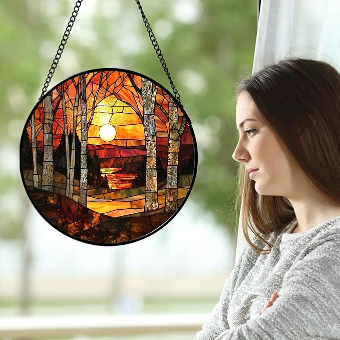 Stained Glass Window Hanging, Orange Red Landscape Forest Lake Moon Suncatcher for Doors Window Home Sun Catchers Decor Mother's Day Birthday Gifts for Women Men Mom 7.8 in