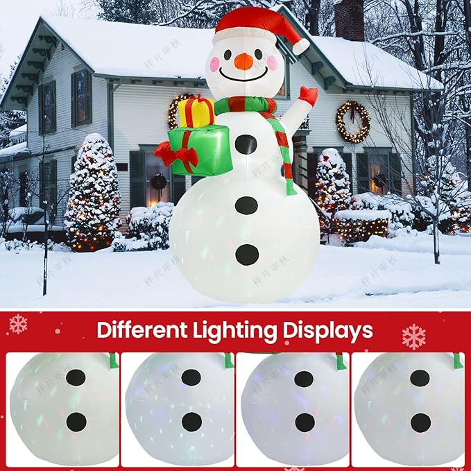 8FT Christmas Inflatable Outdoor Decoration Christmas Snowman with Gift Boxes Built-in Colored Lights & LED Lights Suitable for Yard, Lawn, Outdoor Holiday Party Decorations、