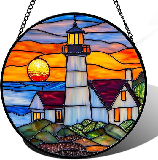 Stained Glass Window Hanging - Sea Lighthouse Suncatcher for Door Terrace Garden Home Decor Sunset Beach Scenery Sun Catcher Birthday Gifts for Lovers Women Men Dad Mom Nana 11.8 in