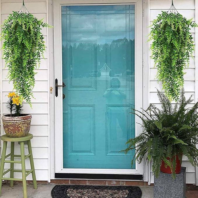 RECUTMS Hanging Artificial Plants 4Pcs UV Resistant Fake Boston Fern Realistic Faux Greenery Plastic Ivy Vines for Wall Home Room Garden Wedding Party Garland Outside Decoration(Green)