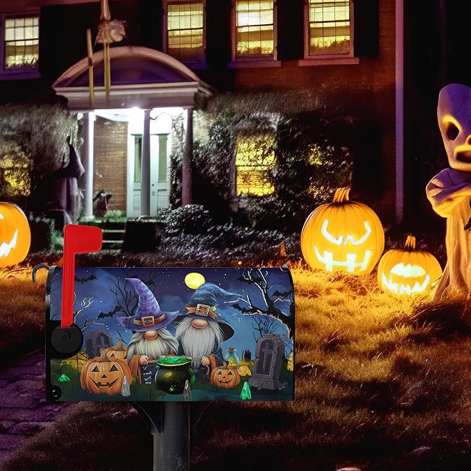Halloween Pumpkins Magnetic Mailbox Covers Standard Size 21x18 Inches Gnome Halloween Moon Night Mailbox Wraps Letterbox Covers Garden Yard Home Decor for Outdoor