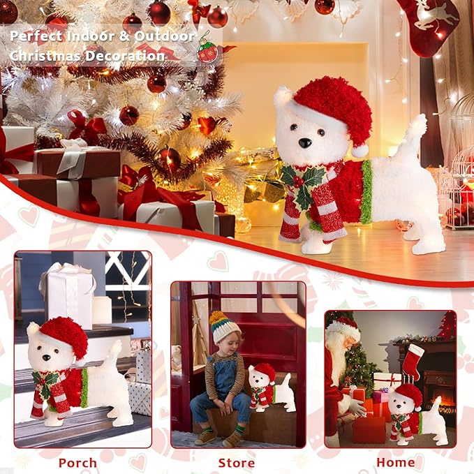 Christmas Lighted Dog Decoration Pre-lit 3D Glittered Fluffy Puppy Battery Operated Lighted Up Standing Ornament Outdoor Indoor Christmas Decoration for Home Lawn Yard Garden Display