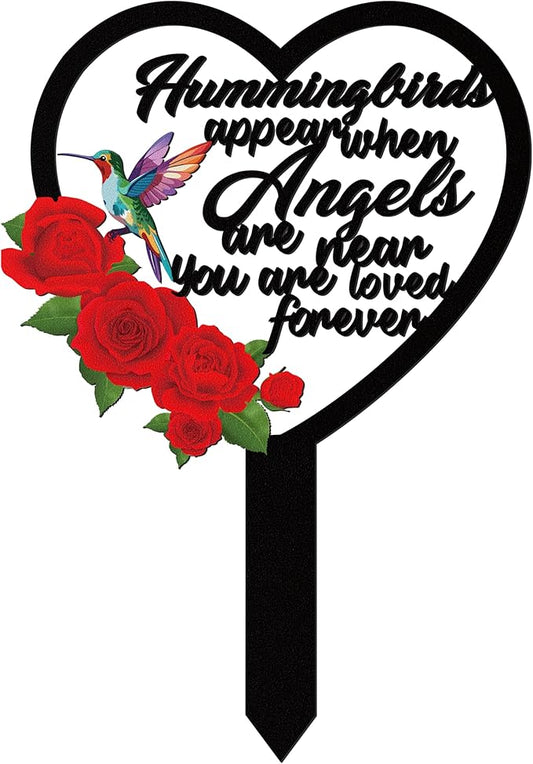 BUoonyer Stake Graves Cemetery Decorations - Mom Metal Memorial Grave Marker, Mother Heart Graveyard Sympathy Plaque, Hummingbird Flower Remembrance Graveside Burial Decor Sign for Outside Yard Garden