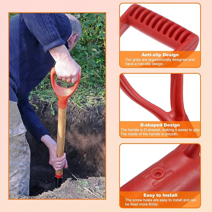 HARFINGTON Shovel D Grip Handle 1-1/4""(32mm) Inner Dia. ABS Spade Snow Shovel Replacement Garden Accessories for Digging Raking Tool, Red