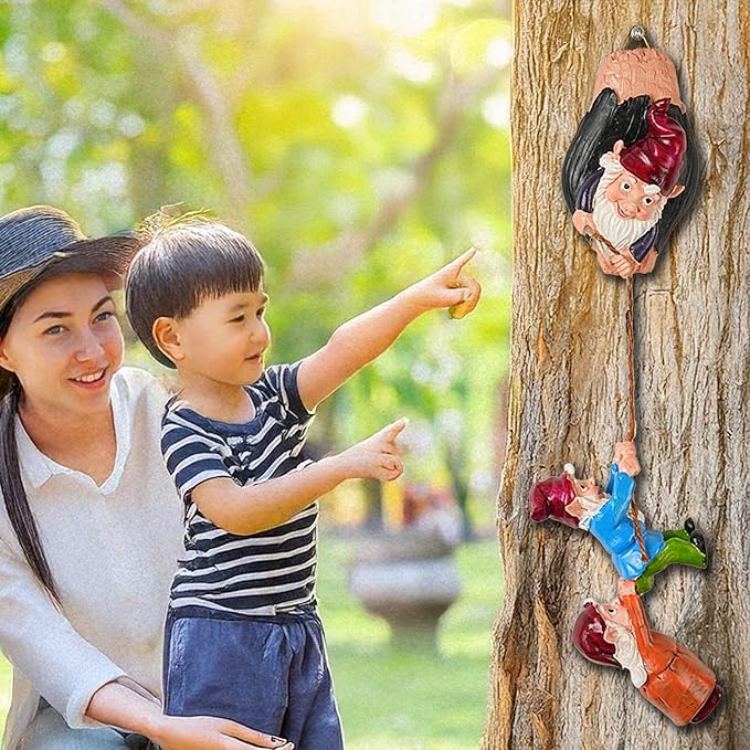 Teaeeno Garden Gnome Statue Set,Gnome Climbing Tree and Tree Stump Decor,Vivid Fairy Gnome Outdoor Sculpture,Whimsical Gnomes Miniature Figurines,Micro Gnome Landscape Figurine for Lawn Balcony Patio